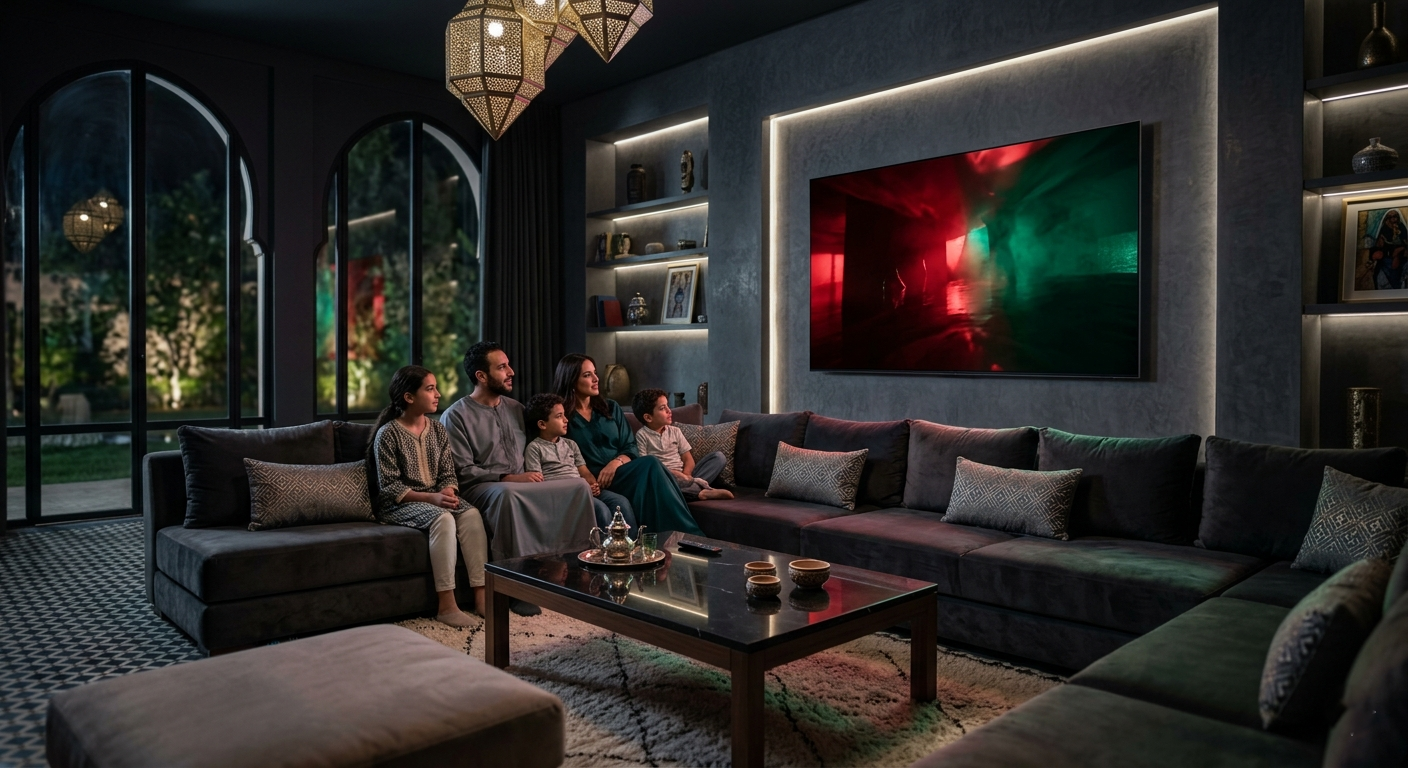 Salon marocain moderne avec IPTV Maroc sur televiseur 4K